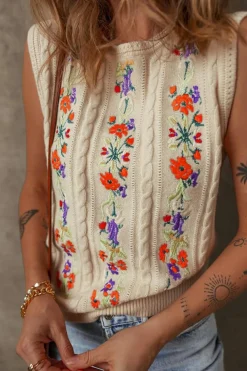 Discount Dear-Lover Embroidered Floral Cable Knit Sweater Vest Jet Stream