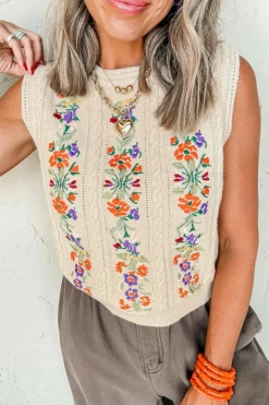 Discount Dear-Lover Embroidered Floral Cable Knit Sweater Vest Jet Stream