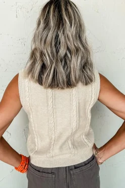 Discount Dear-Lover Embroidered Floral Cable Knit Sweater Vest Jet Stream