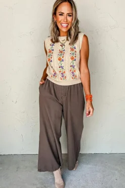 Discount Dear-Lover Embroidered Floral Cable Knit Sweater Vest Jet Stream