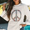 Clearance Dear-Lover Floral Peace Sign Graphic Drop Shoulder Wide Sleeve Casual Top Jet Stream