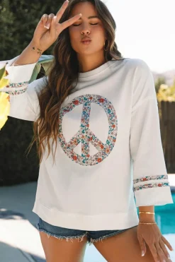 Clearance Dear-Lover Floral Peace Sign Graphic Drop Shoulder Wide Sleeve Casual Top Jet Stream