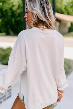Clearance Dear-Lover Floral Peace Sign Graphic Drop Shoulder Wide Sleeve Casual Top Jet Stream