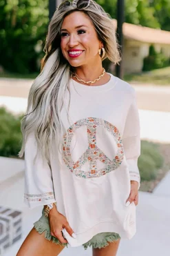 Clearance Dear-Lover Floral Peace Sign Graphic Drop Shoulder Wide Sleeve Casual Top Jet Stream