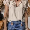 Clearance Dear-Lover Geometric Embroidered Short Sleeve Tassel Tied V Neck Blouse Jet Stream