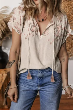 Clearance Dear-Lover Geometric Embroidered Short Sleeve Tassel Tied V Neck Blouse Jet Stream