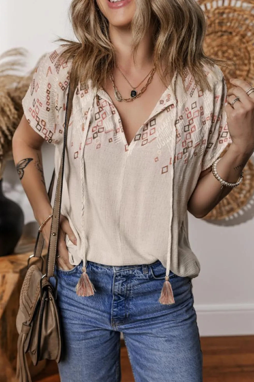 Clearance Dear-Lover Geometric Embroidered Short Sleeve Tassel Tied V Neck Blouse Jet Stream