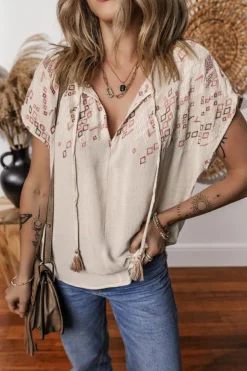 Clearance Dear-Lover Geometric Embroidered Short Sleeve Tassel Tied V Neck Blouse Jet Stream