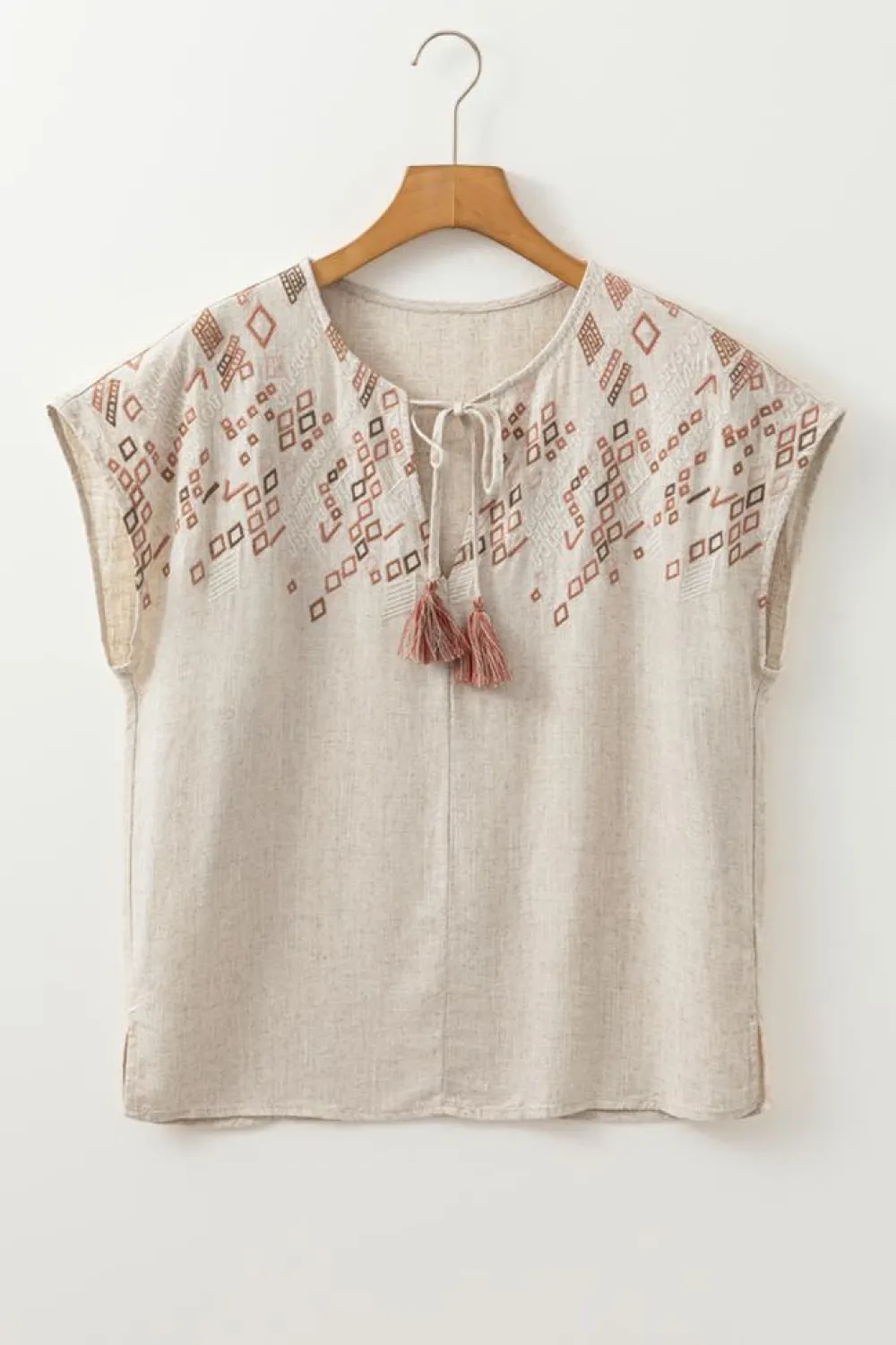 Clearance Dear-Lover Geometric Embroidered Short Sleeve Tassel Tied V Neck Blouse Jet Stream