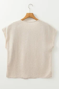 Clearance Dear-Lover Geometric Embroidered Short Sleeve Tassel Tied V Neck Blouse Jet Stream