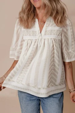 Discount Dear-Lover Geometric Jacquard Split V Neck Short Sleeve Blouse Jet Stream