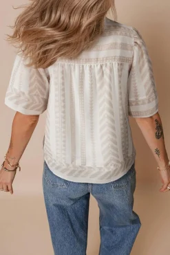 Discount Dear-Lover Geometric Jacquard Split V Neck Short Sleeve Blouse Jet Stream
