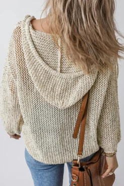 Fashion Dear-Lover Hollow-out Kangaroo Pocket V Neck Hooded Sweater Jet Stream