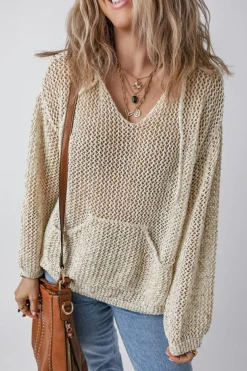 Fashion Dear-Lover Hollow-out Kangaroo Pocket V Neck Hooded Sweater Jet Stream