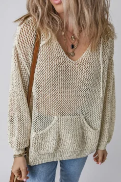 Fashion Dear-Lover Hollow-out Kangaroo Pocket V Neck Hooded Sweater Jet Stream