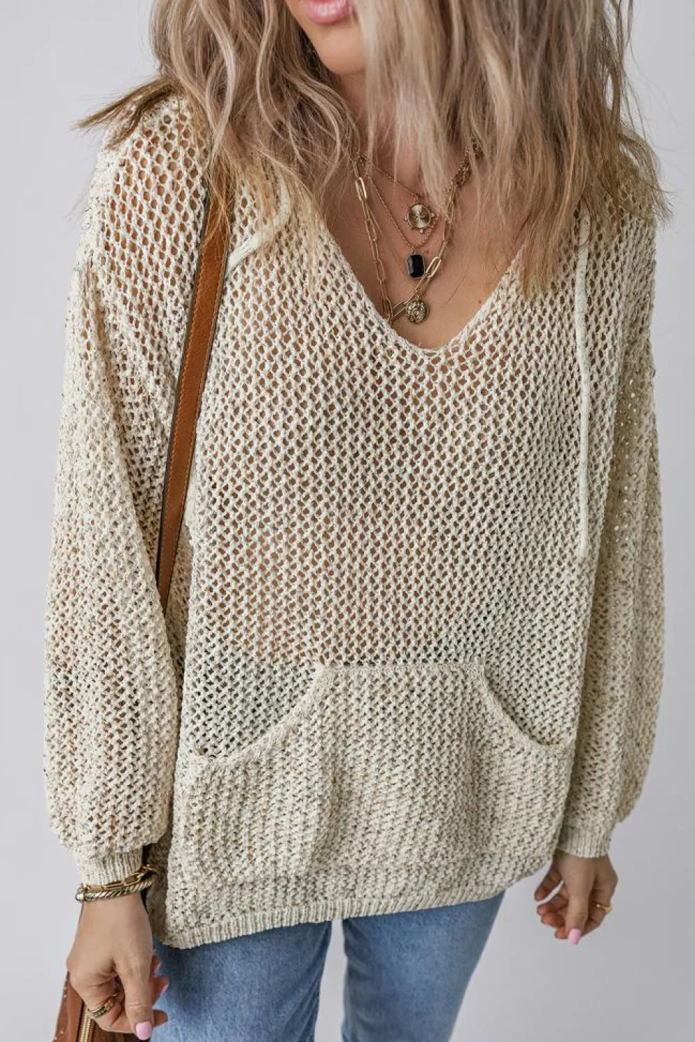 Fashion Dear-Lover Hollow-out Kangaroo Pocket V Neck Hooded Sweater Jet Stream