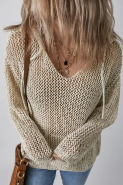 Fashion Dear-Lover Hollow-out Kangaroo Pocket V Neck Hooded Sweater Jet Stream