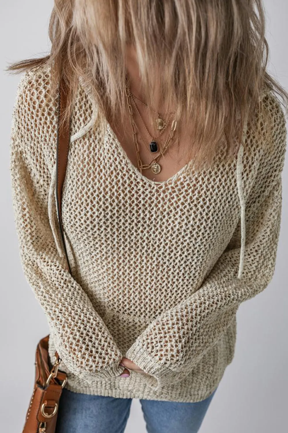 Fashion Dear-Lover Hollow-out Kangaroo Pocket V Neck Hooded Sweater Jet Stream