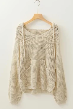 Fashion Dear-Lover Hollow-out Kangaroo Pocket V Neck Hooded Sweater Jet Stream