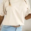Sale Dear-Lover Lace Crochet Short Sleeve Round Neck T Shirt Jet Stream