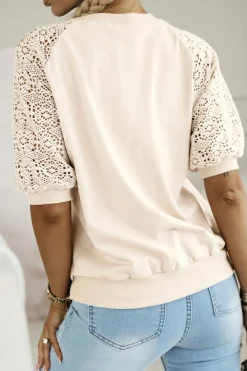 Sale Dear-Lover Lace Crochet Short Sleeve Round Neck T Shirt Jet Stream