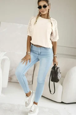 Sale Dear-Lover Lace Crochet Short Sleeve Round Neck T Shirt Jet Stream