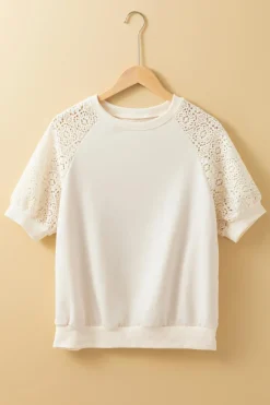 Sale Dear-Lover Lace Crochet Short Sleeve Round Neck T Shirt Jet Stream