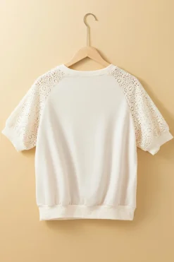 Sale Dear-Lover Lace Crochet Short Sleeve Round Neck T Shirt Jet Stream