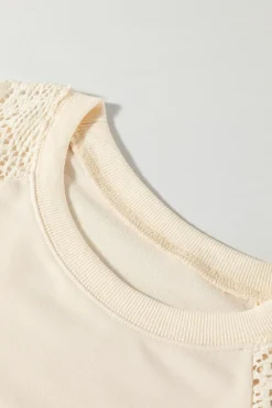 Sale Dear-Lover Lace Crochet Short Sleeve Round Neck T Shirt Jet Stream