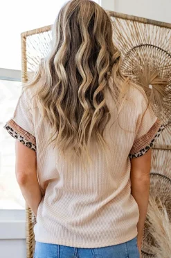 Best Dear-Lover Leopard Patchwork Corded Knit Crew Neck T Shirt Jet Stream