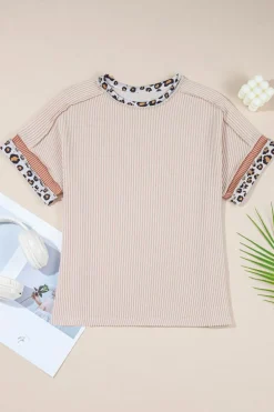 Best Dear-Lover Leopard Patchwork Corded Knit Crew Neck T Shirt Jet Stream