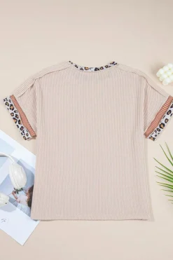 Best Dear-Lover Leopard Patchwork Corded Knit Crew Neck T Shirt Jet Stream