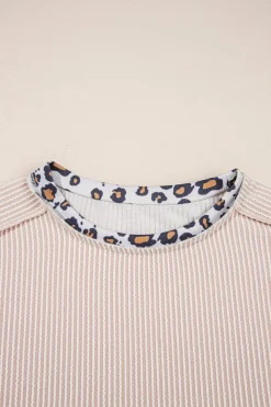 Best Dear-Lover Leopard Patchwork Corded Knit Crew Neck T Shirt Jet Stream
