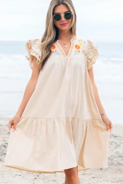Online Dear-Lover Linen Embroidery Split Neck Pom Pom Ruffle Sleeves Flowy Short Dress Jet Stream