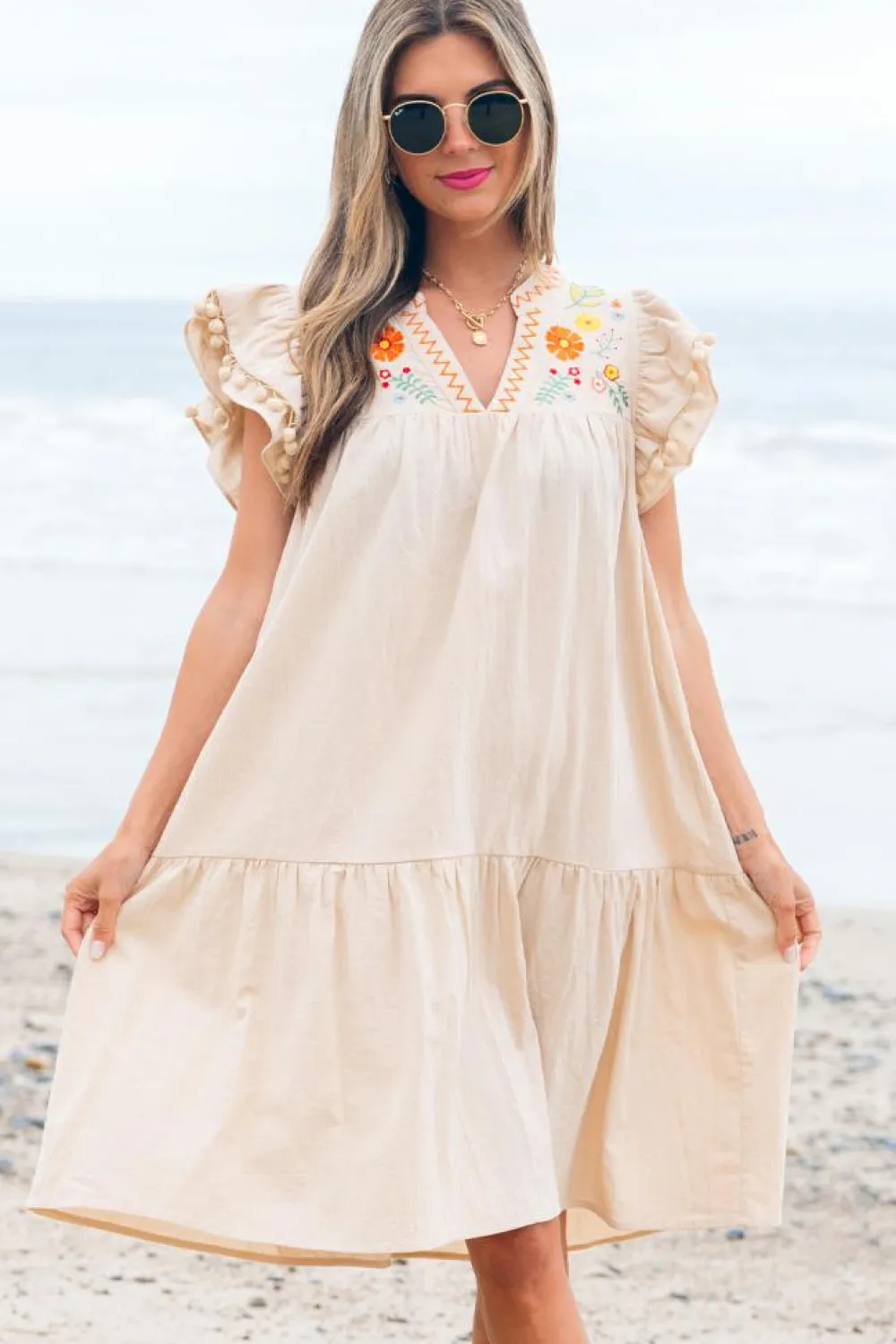 Online Dear-Lover Linen Embroidery Split Neck Pom Pom Ruffle Sleeves Flowy Short Dress Jet Stream