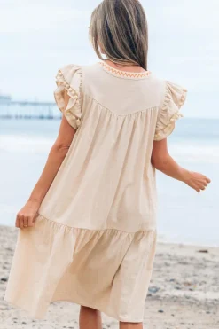 Online Dear-Lover Linen Embroidery Split Neck Pom Pom Ruffle Sleeves Flowy Short Dress Jet Stream