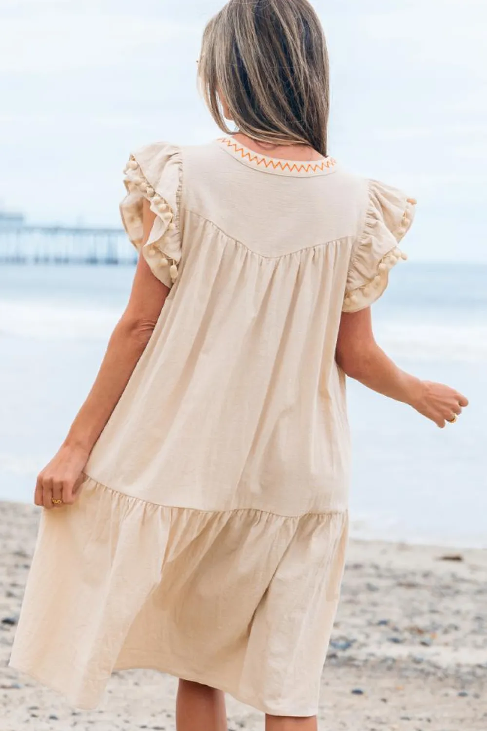 Online Dear-Lover Linen Embroidery Split Neck Pom Pom Ruffle Sleeves Flowy Short Dress Jet Stream