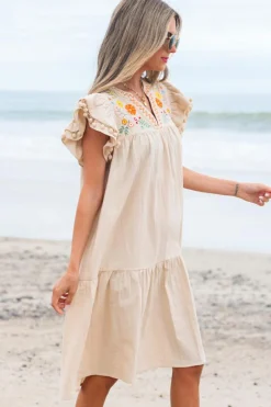 Online Dear-Lover Linen Embroidery Split Neck Pom Pom Ruffle Sleeves Flowy Short Dress Jet Stream