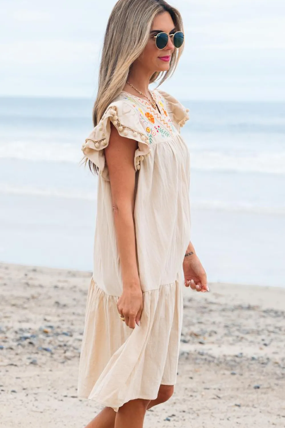 Online Dear-Lover Linen Embroidery Split Neck Pom Pom Ruffle Sleeves Flowy Short Dress Jet Stream