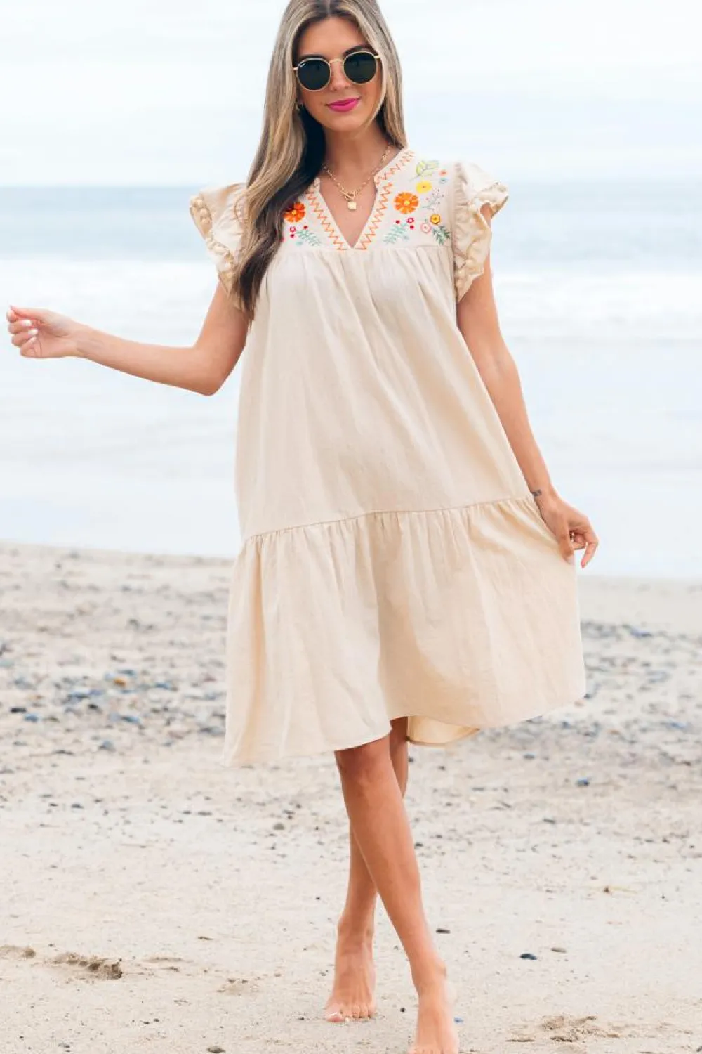 Online Dear-Lover Linen Embroidery Split Neck Pom Pom Ruffle Sleeves Flowy Short Dress Jet Stream