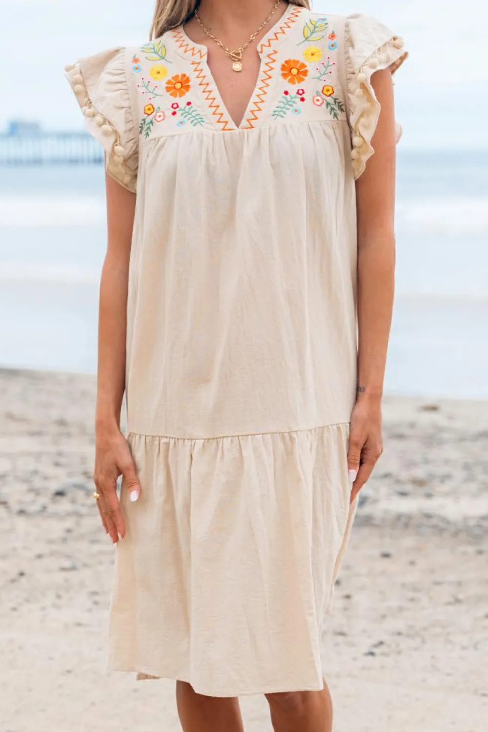 Online Dear-Lover Linen Embroidery Split Neck Pom Pom Ruffle Sleeves Flowy Short Dress Jet Stream