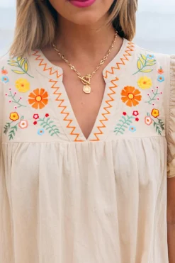 Online Dear-Lover Linen Embroidery Split Neck Pom Pom Ruffle Sleeves Flowy Short Dress Jet Stream