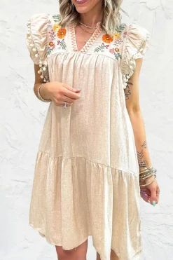 Online Dear-Lover Linen Embroidery Split Neck Pom Pom Ruffle Sleeves Flowy Short Dress Jet Stream