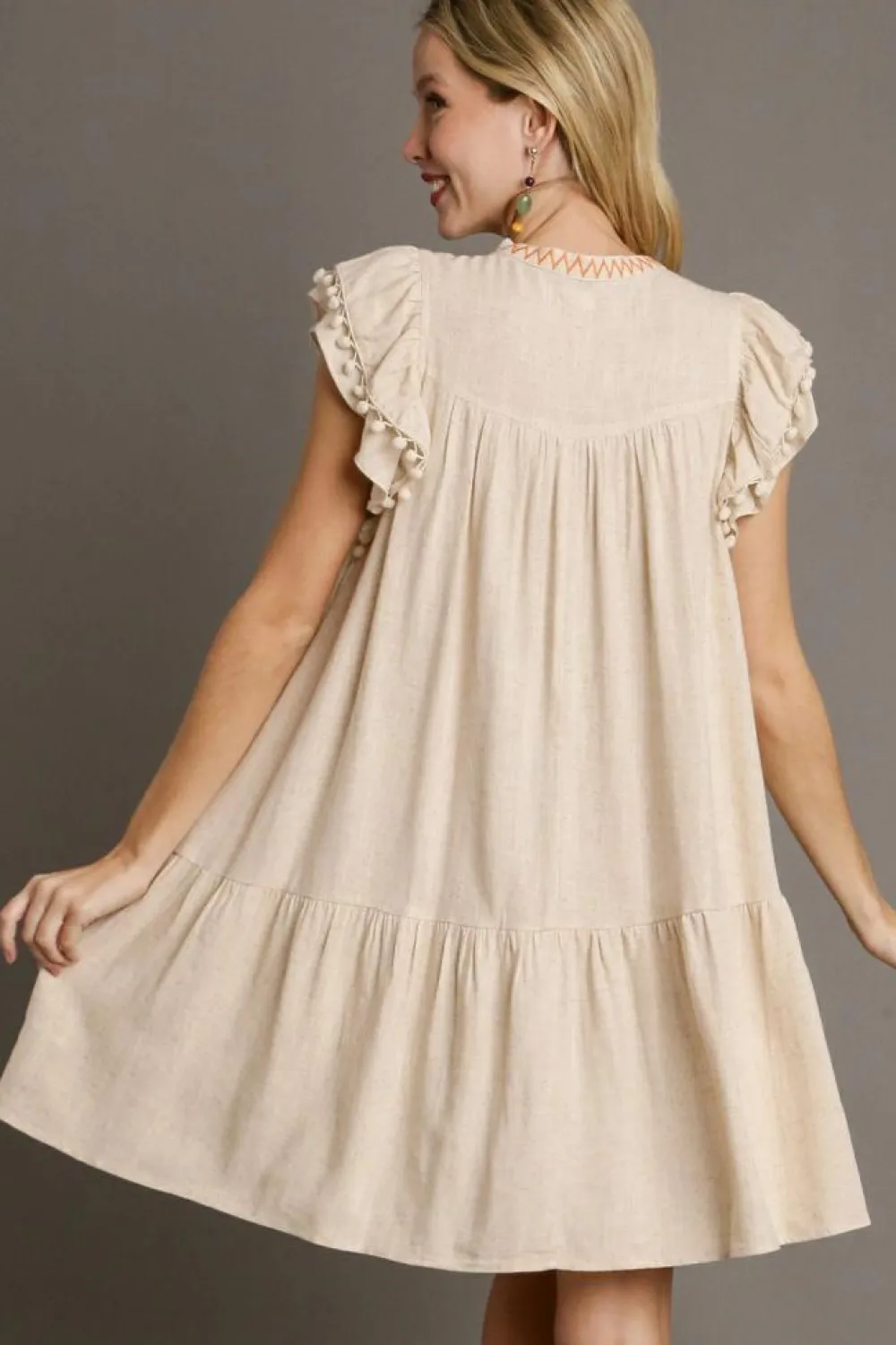 Online Dear-Lover Linen Embroidery Split Neck Pom Pom Ruffle Sleeves Flowy Short Dress Jet Stream