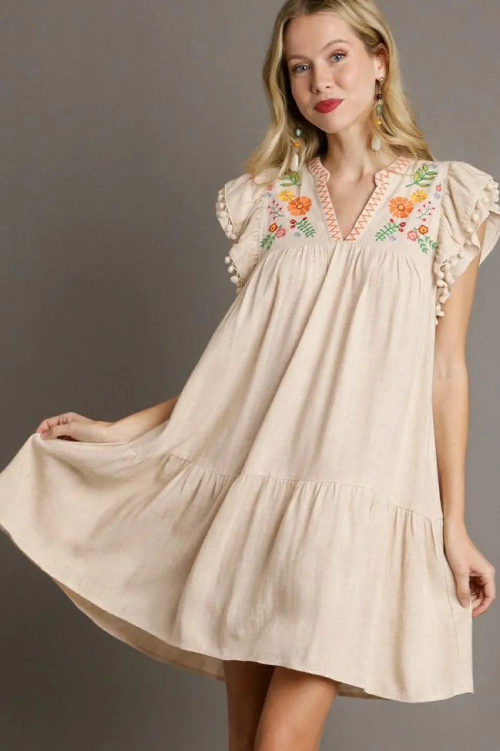 Online Dear-Lover Linen Embroidery Split Neck Pom Pom Ruffle Sleeves Flowy Short Dress Jet Stream
