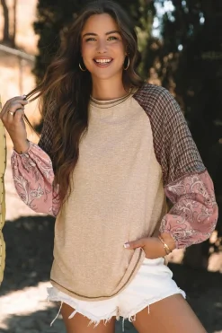 Sale Dear-Lover Mixed Print Raglan Sleeve Ribbed Knit Patchwork Blouse Jet Stream