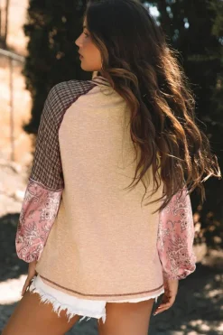Sale Dear-Lover Mixed Print Raglan Sleeve Ribbed Knit Patchwork Blouse Jet Stream