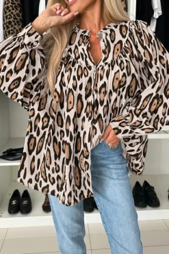 Clearance Dear-Lover Oversized Leopard Print Balloon Sleeve Casual Shirt Jet Stream