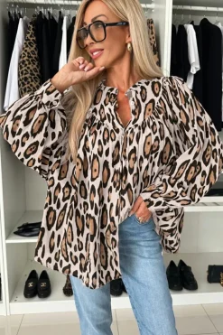 Clearance Dear-Lover Oversized Leopard Print Balloon Sleeve Casual Shirt Jet Stream