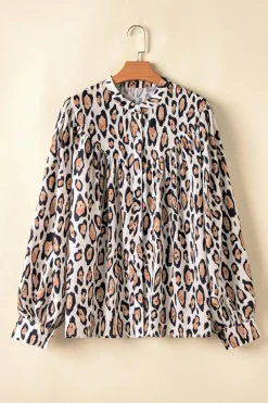 Clearance Dear-Lover Oversized Leopard Print Balloon Sleeve Casual Shirt Jet Stream